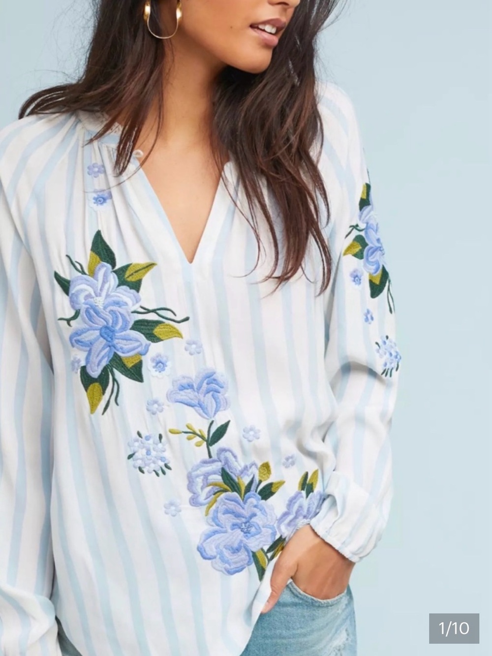 Akemi + Kin Anthropologie Blue Floral Embroidered Stripe Blouse XS Boho